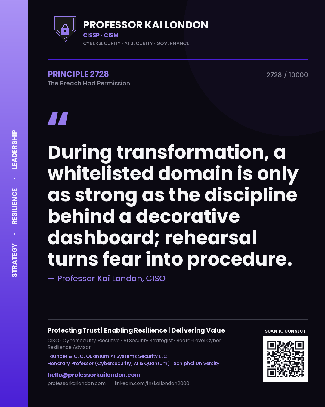 Quote card by Professor Kai London reading 'During transformation, a whitelisted domain is only as strong as the discipline behind a decorative dashboard; rehearsal turns fear into procedure.'. From the book The Breach Had Permission.