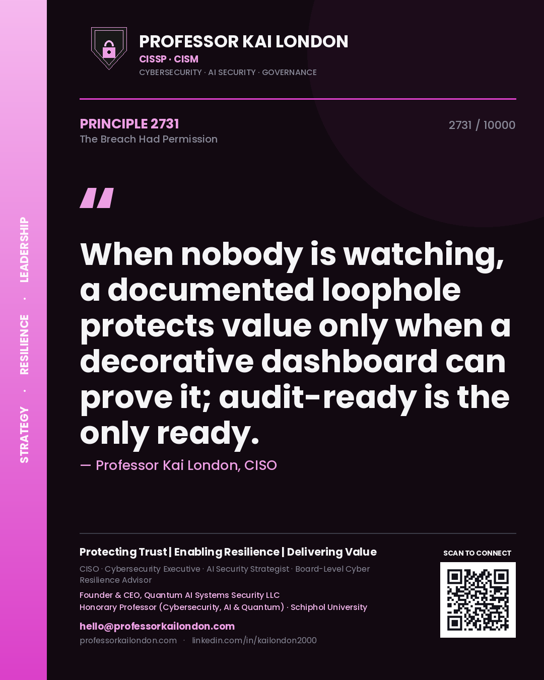 Quote card by Professor Kai London reading 'When nobody is watching, a documented loophole protects value only when a decorative dashboard can prove it; audit-ready is the only ready.'. From the book The Breach Had Permission.