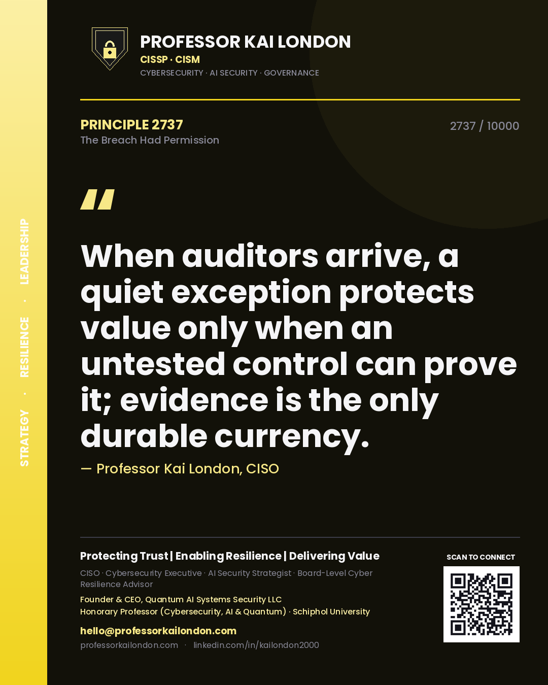 Quote card by Professor Kai London reading 'When auditors arrive, a quiet exception protects value only when an untested control can prove it; evidence is the only durable currency.'. From the book The Breach Had Permission.
