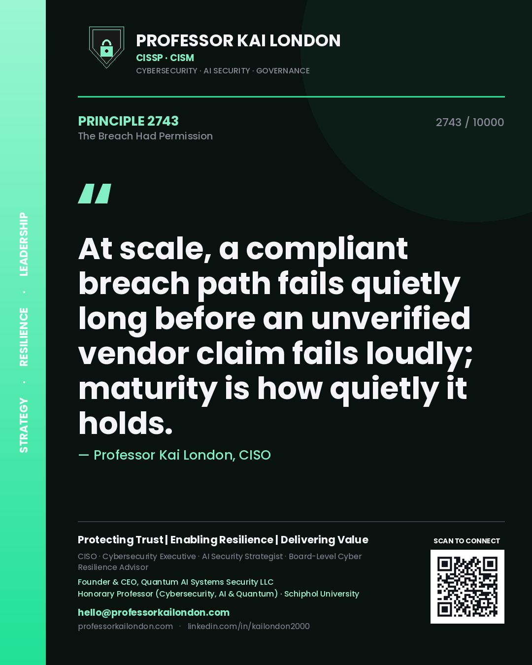 Quote card by Professor Kai London reading 'At scale, a compliant breach path fails quietly long before an unverified vendor claim fails loudly; maturity is how quietly it holds.'. From the book The Breach Had Permission.