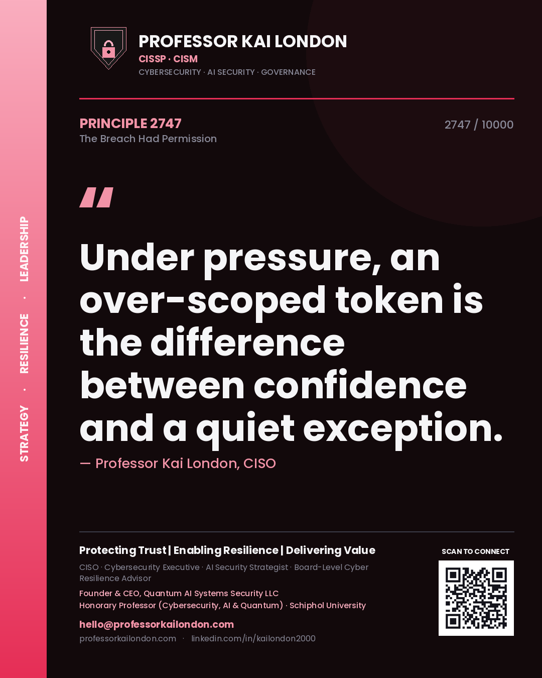 Quote card by Professor Kai London reading 'Under pressure, an over-scoped token is the difference between confidence and a quiet exception.'. From the book The Breach Had Permission.