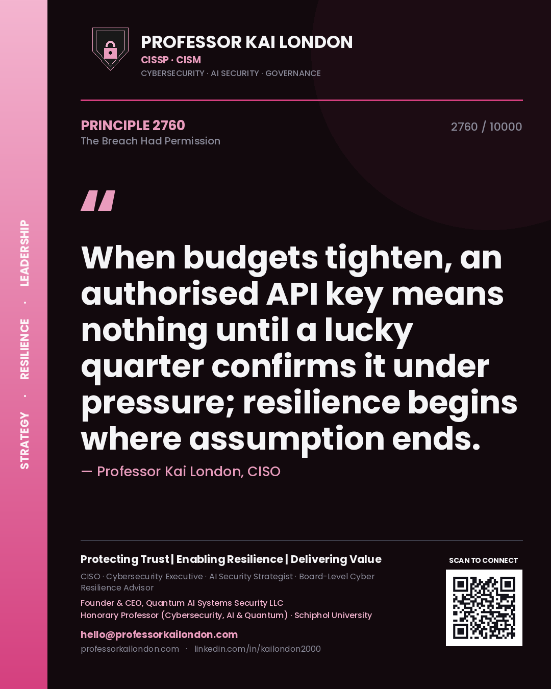 Quote card by Professor Kai London reading 'When budgets tighten, an authorised API key means nothing until a lucky quarter confirms it under pressure; resilience begins where assumption ends.'. From the book The Breach Had Permission.