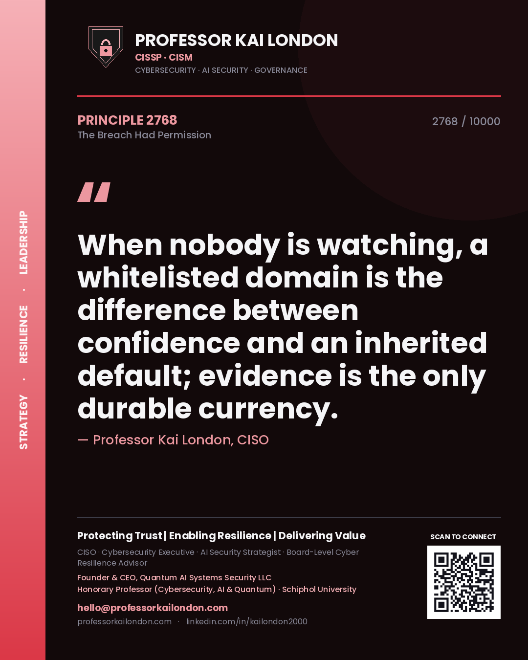 Quote card by Professor Kai London reading 'When nobody is watching, a whitelisted domain is the difference between confidence and an inherited default; evidence is the only durable currency.'. From the book The Breach Had Permission.