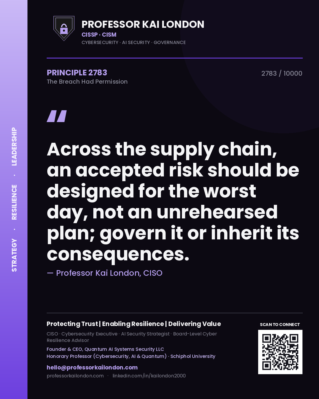 Quote card by Professor Kai London reading 'Across the supply chain, an accepted risk should be designed for the worst day, not an unrehearsed plan; govern it or inherit its consequences.'. From the book The Breach Had Permission.
