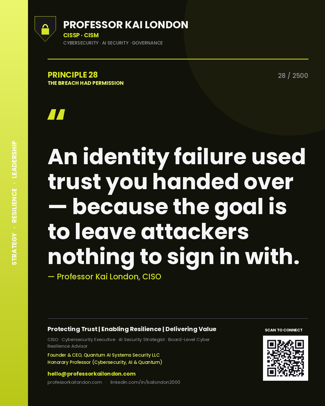 Quote card by Professor Kai London reading 'An identity failure used trust you handed over — because the goal is to leave attackers nothing to sign in with.'. From the book The Breach Had Permission.