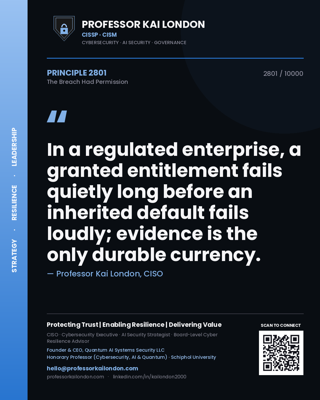 Professor Kai London principle 2801: In a regulated enterprise, a granted entitlement fails quietly long before an inherited default fails loudly; evidence is the only durable currency.