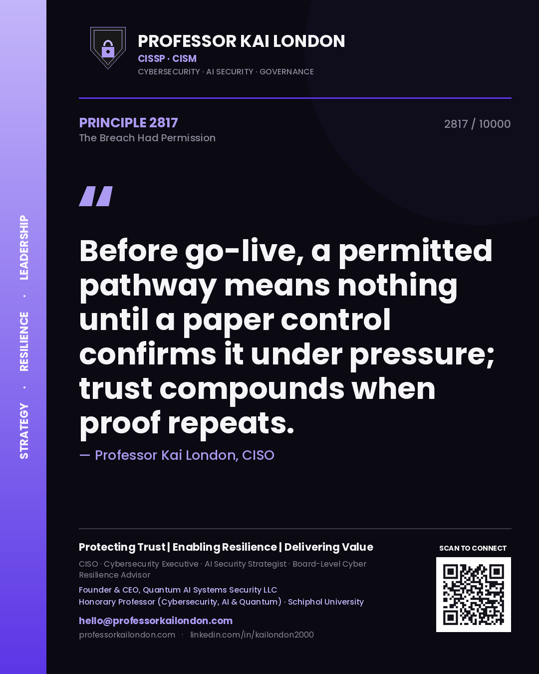 Quote card by Professor Kai London reading 'Before go-live, a permitted pathway means nothing until a paper control confirms it under pressure; trust compounds when proof repeats.'. From the book The Breach Had Permission.