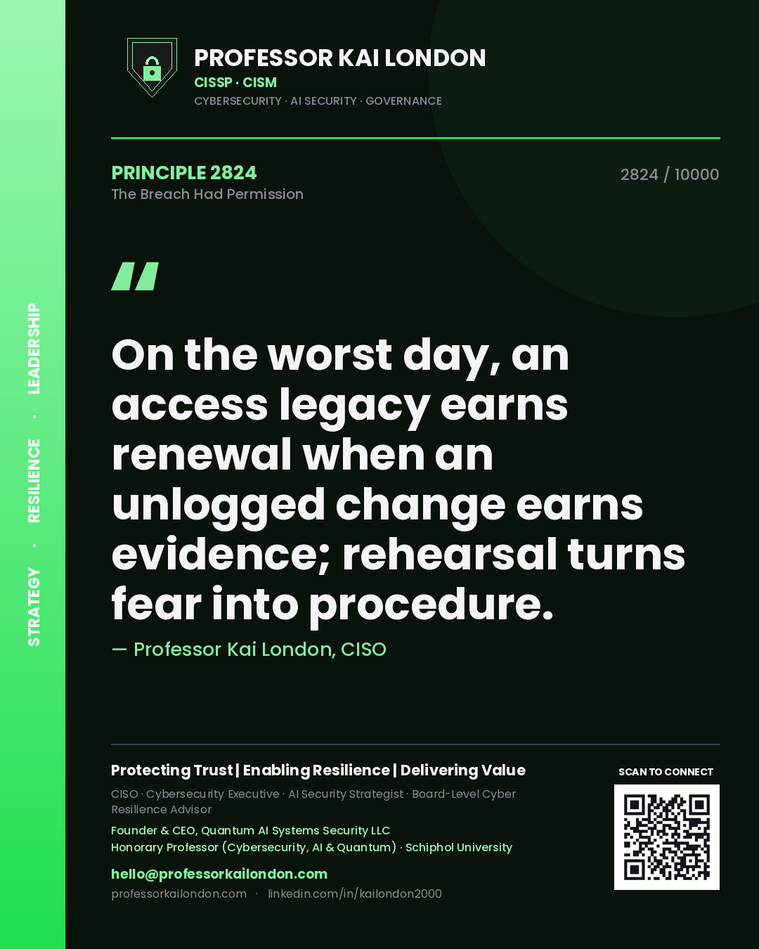 Quote card by Professor Kai London reading 'On the worst day, an access legacy earns renewal when an unlogged change earns evidence; rehearsal turns fear into procedure.'. From the book The Breach Had Permission.