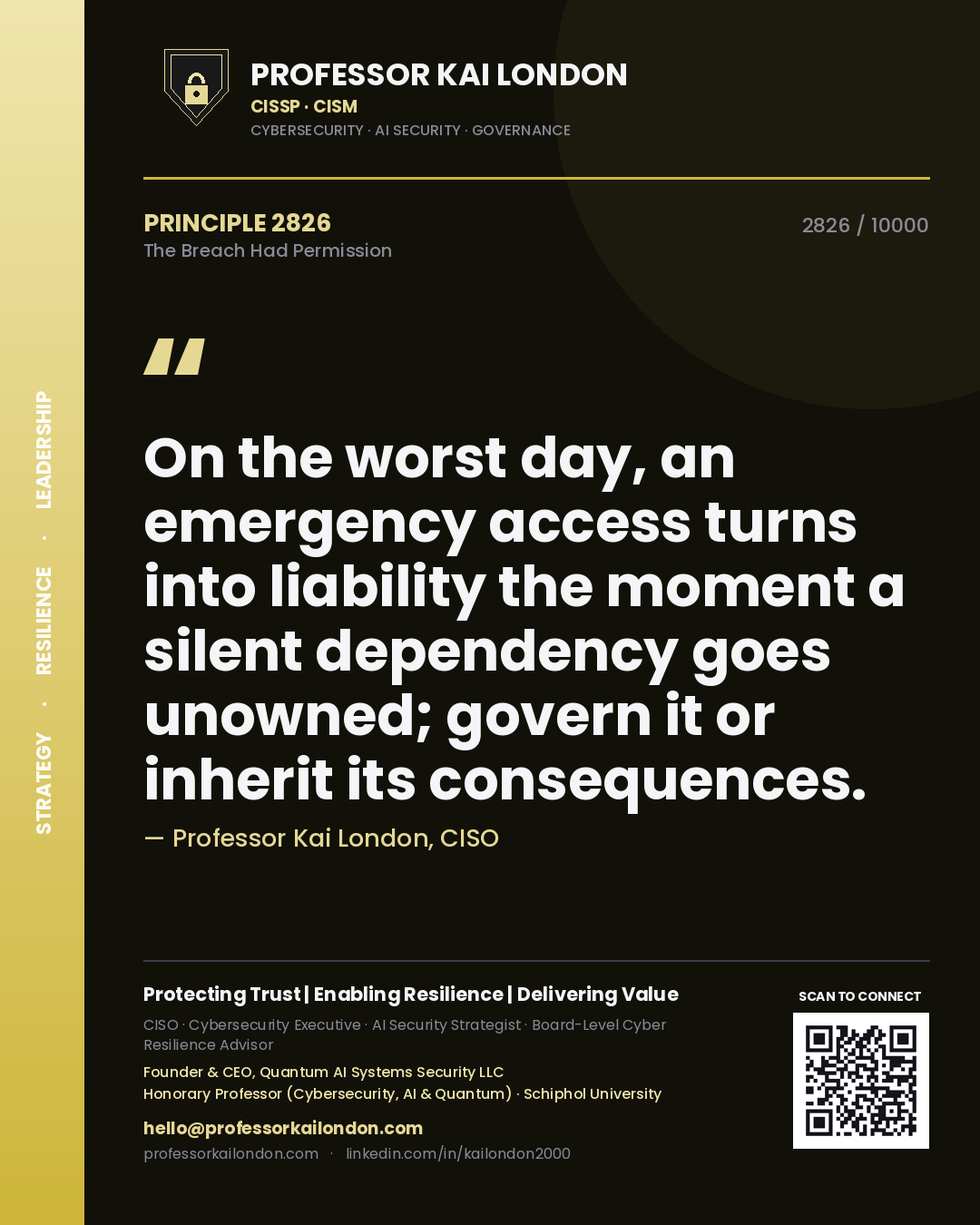 Quote card by Professor Kai London reading 'On the worst day, an emergency access turns into liability the moment a silent dependency goes unowned; govern it or inherit its consequences.'. From the book The Breach Had Permission.