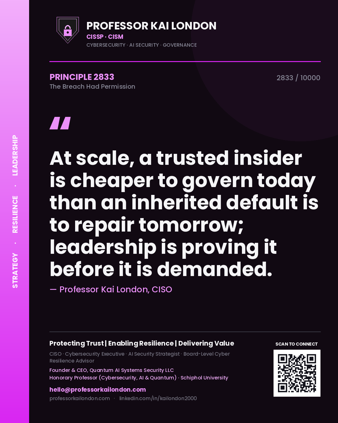 Professor Kai London principle 2833: At scale, a trusted insider is cheaper to govern today than an inherited default is to repair tomorrow; leadership is proving it before it is demanded.