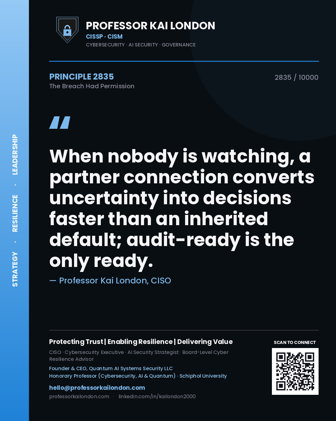 Quote card by Professor Kai London reading 'When nobody is watching, a partner connection converts uncertainty into decisions faster than an inherited default; audit-ready is the only ready.'. From the book The Breach Had Permission.