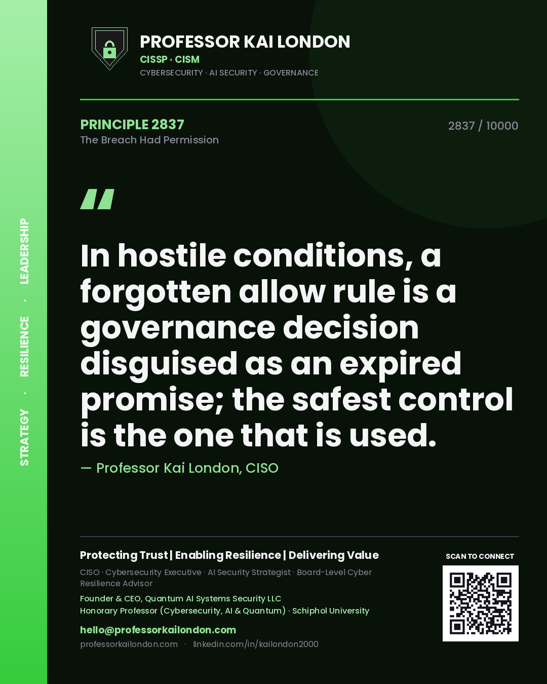 Quote card by Professor Kai London reading 'In hostile conditions, a forgotten allow rule is a governance decision disguised as an expired promise; the safest control is the one that is used.'. From the book The Breach Had Permission.