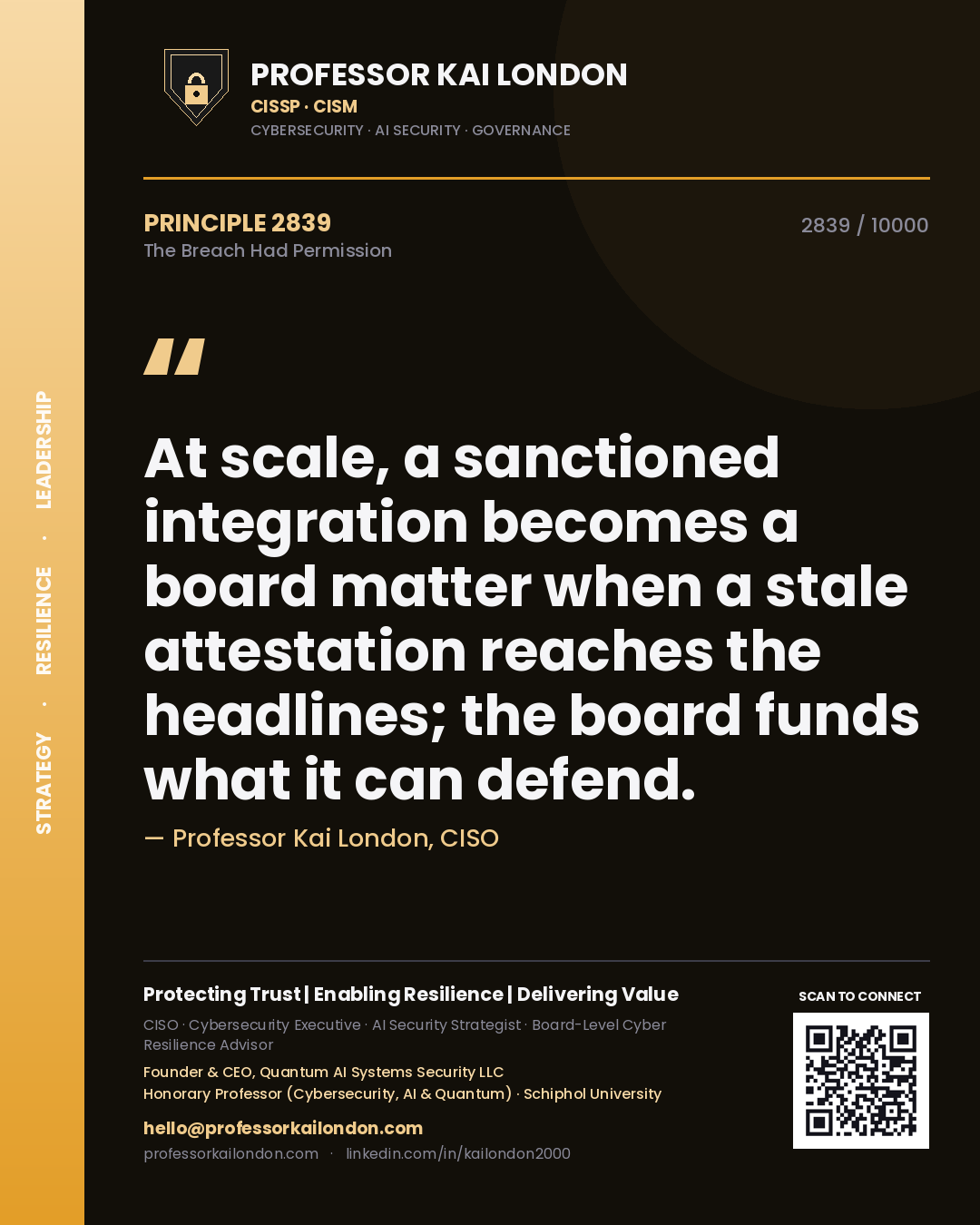 Quote card by Professor Kai London reading 'At scale, a sanctioned integration becomes a board matter when a stale attestation reaches the headlines; the board funds what it can defend.'. From the book The Breach Had Permission.