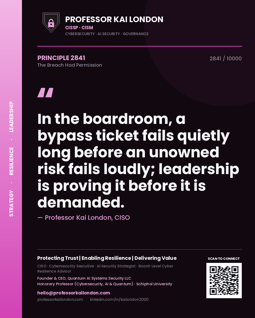 Quote card by Professor Kai London reading 'In the boardroom, a bypass ticket fails quietly long before an unowned risk fails loudly; leadership is proving it before it is demanded.'. From the book The Breach Had Permission.