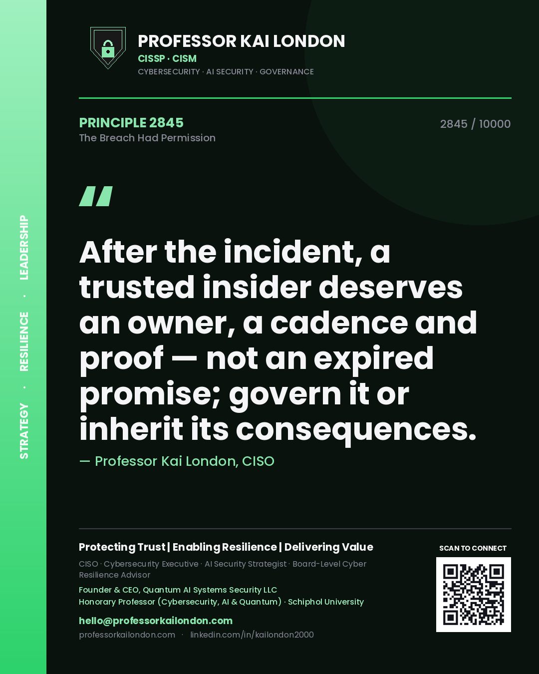 Quote card by Professor Kai London reading 'After the incident, a trusted insider deserves an owner, a cadence and proof — not an expired promise; govern it or inherit its consequences.'. From the book The Breach Had Permission.