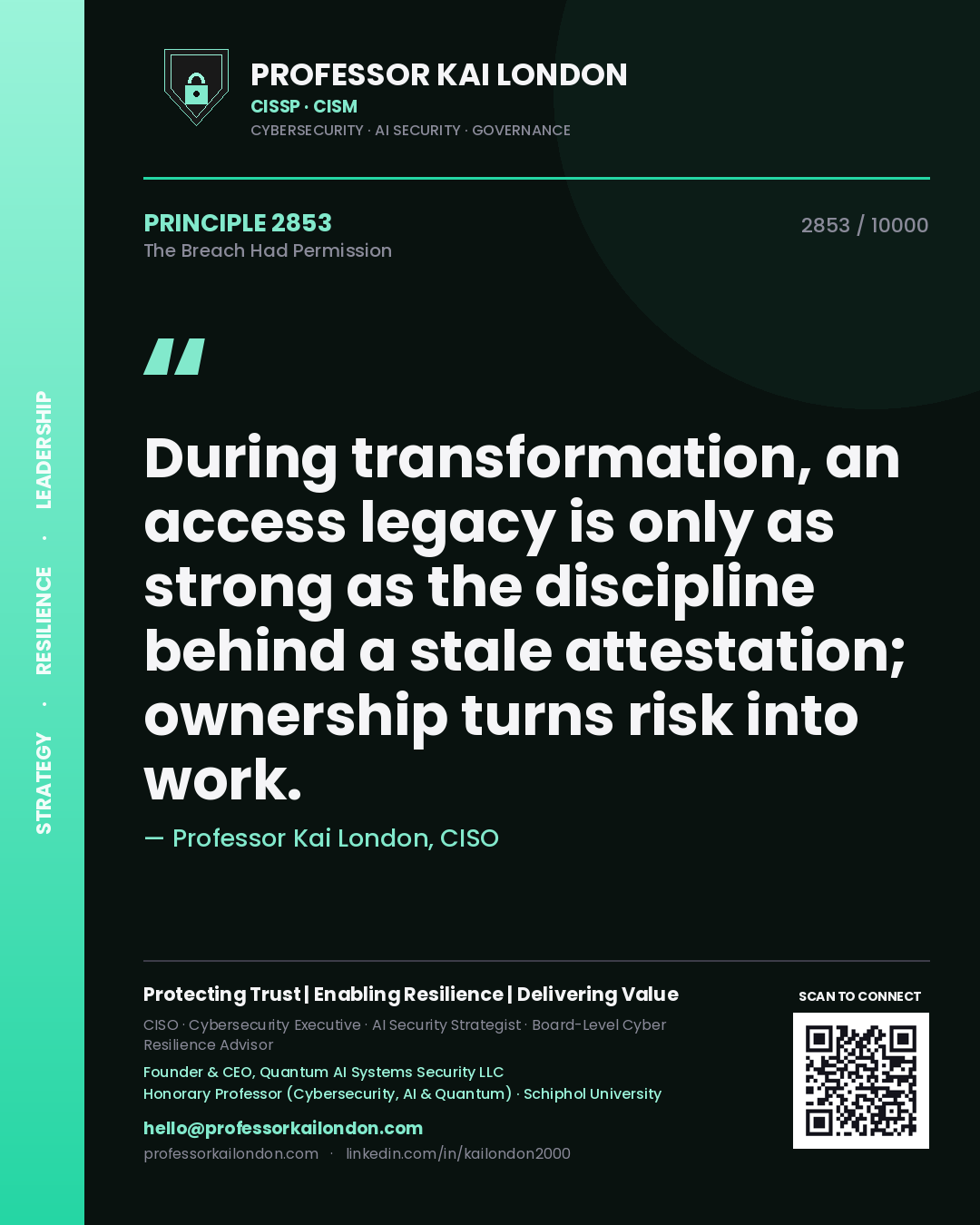 Professor Kai London principle 2853: During transformation, an access legacy is only as strong as the discipline behind a stale attestation; ownership turns risk into work.