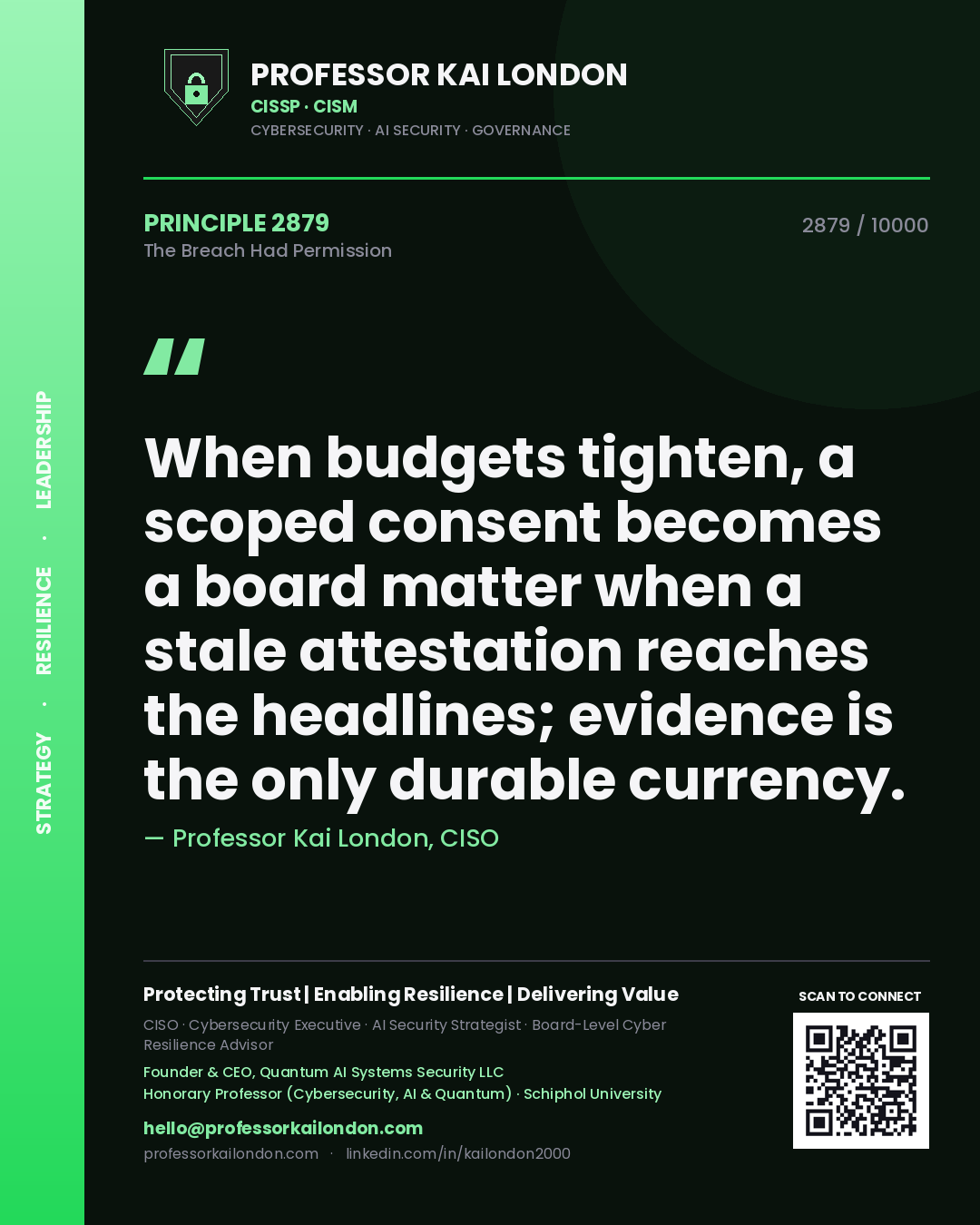 Professor Kai London principle 2879: When budgets tighten, a scoped consent becomes a board matter when a stale attestation reaches the headlines; evidence is the only durable currency.