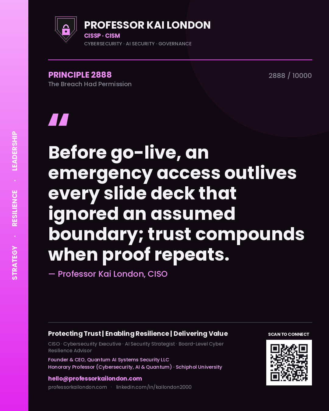 Quote card by Professor Kai London reading 'Before go-live, an emergency access outlives every slide deck that ignored an assumed boundary; trust compounds when proof repeats.'. From the book The Breach Had Permission.