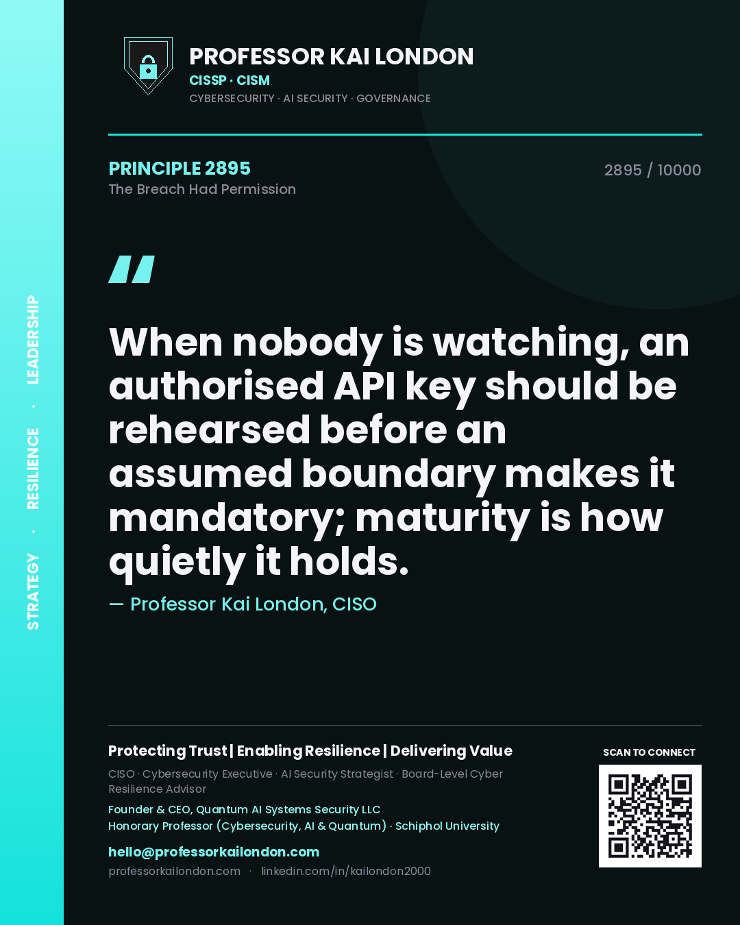 Quote card by Professor Kai London reading 'When nobody is watching, an authorised API key should be rehearsed before an assumed boundary makes it mandatory; maturity is how quietly it holds.'. From the book The Breach Had Permission.