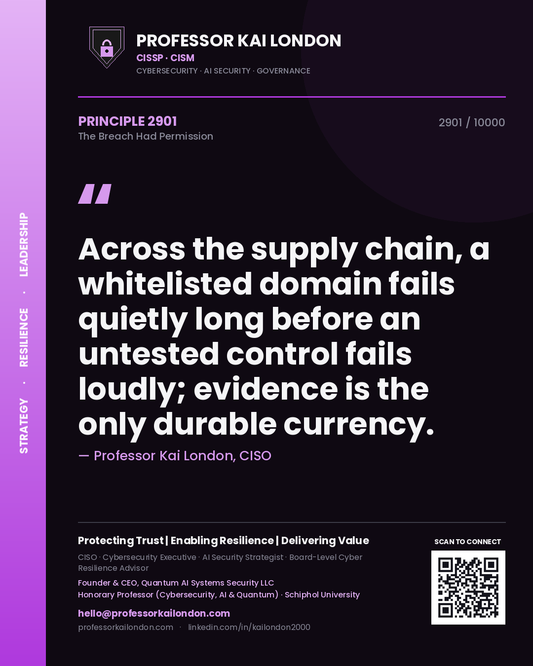 Quote card by Professor Kai London reading 'Across the supply chain, a whitelisted domain fails quietly long before an untested control fails loudly; evidence is the only durable currency.'. From the book The Breach Had Permission.