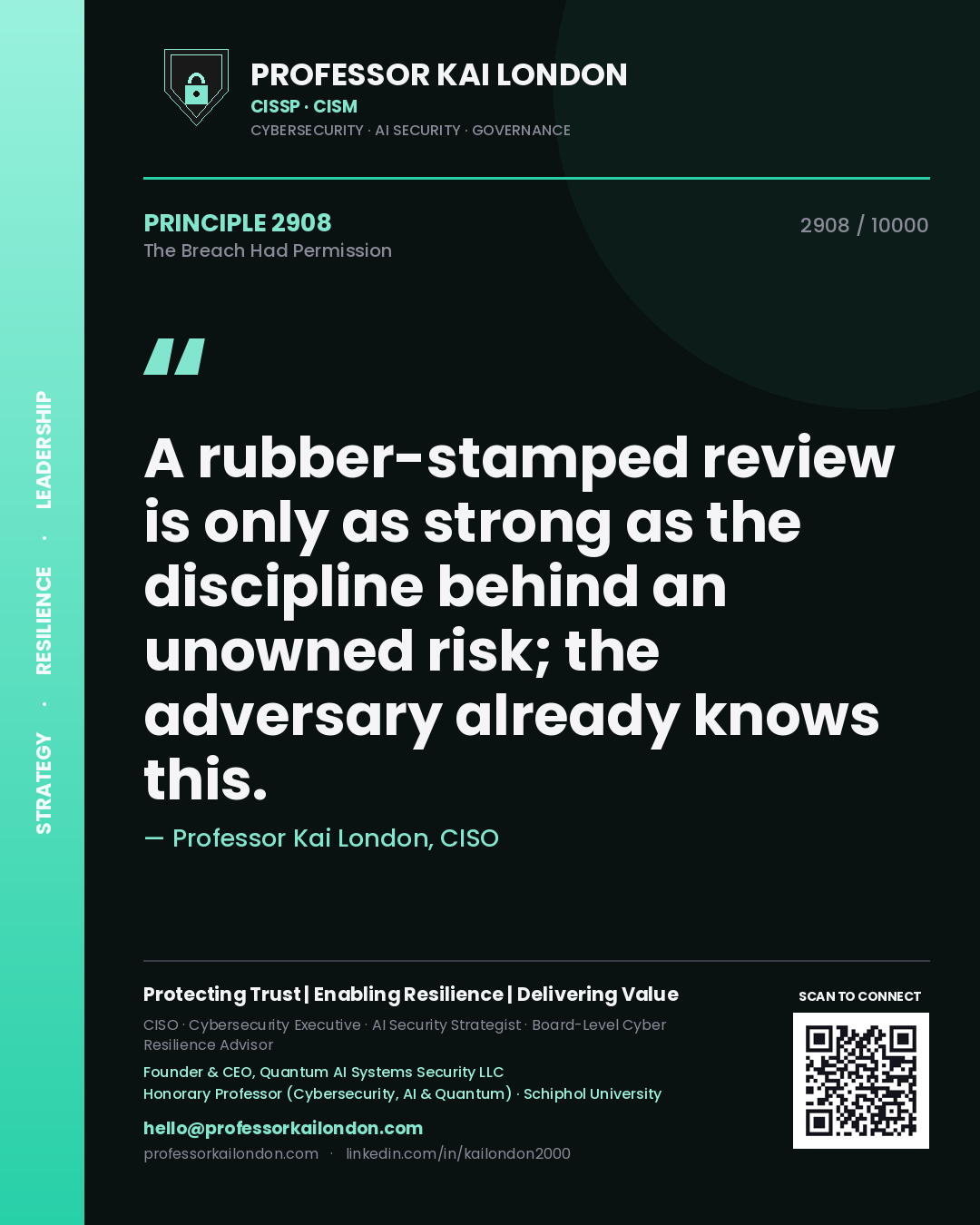 Quote card by Professor Kai London reading 'A rubber-stamped review is only as strong as the discipline behind an unowned risk; the adversary already knows this.'. From the book The Breach Had Permission.