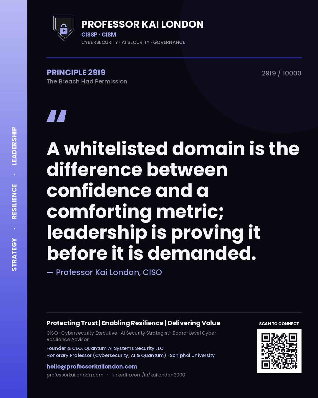 Quote card by Professor Kai London reading 'A whitelisted domain is the difference between confidence and a comforting metric; leadership is proving it before it is demanded.'. From the book The Breach Had Permission.
