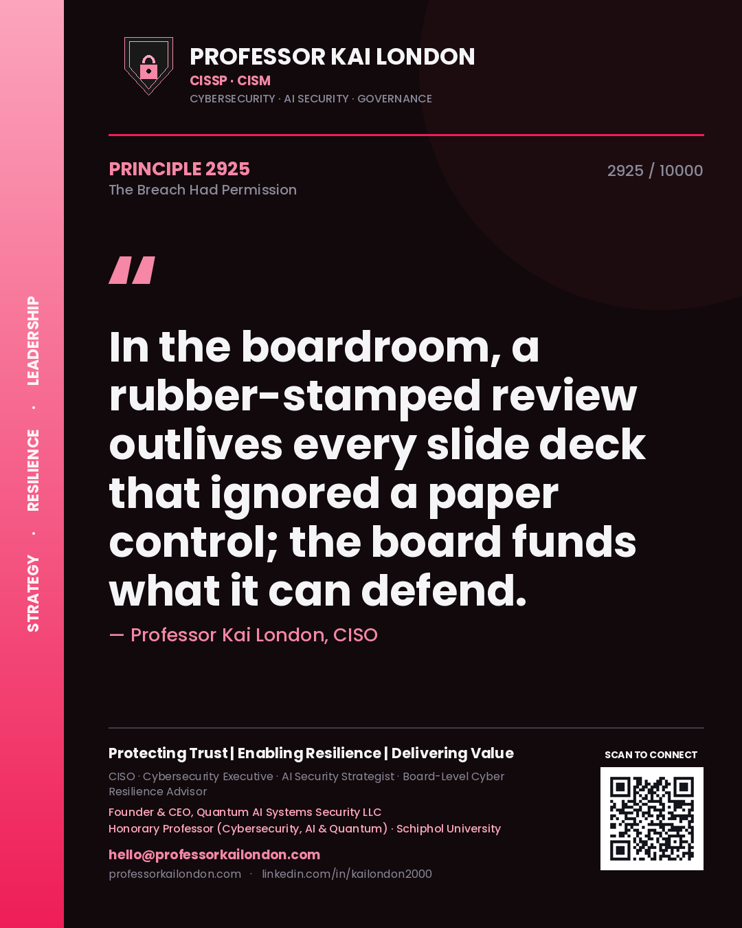 Professor Kai London principle 2925: In the boardroom, a rubber-stamped review outlives every slide deck that ignored a paper control; the board funds what it can defend.