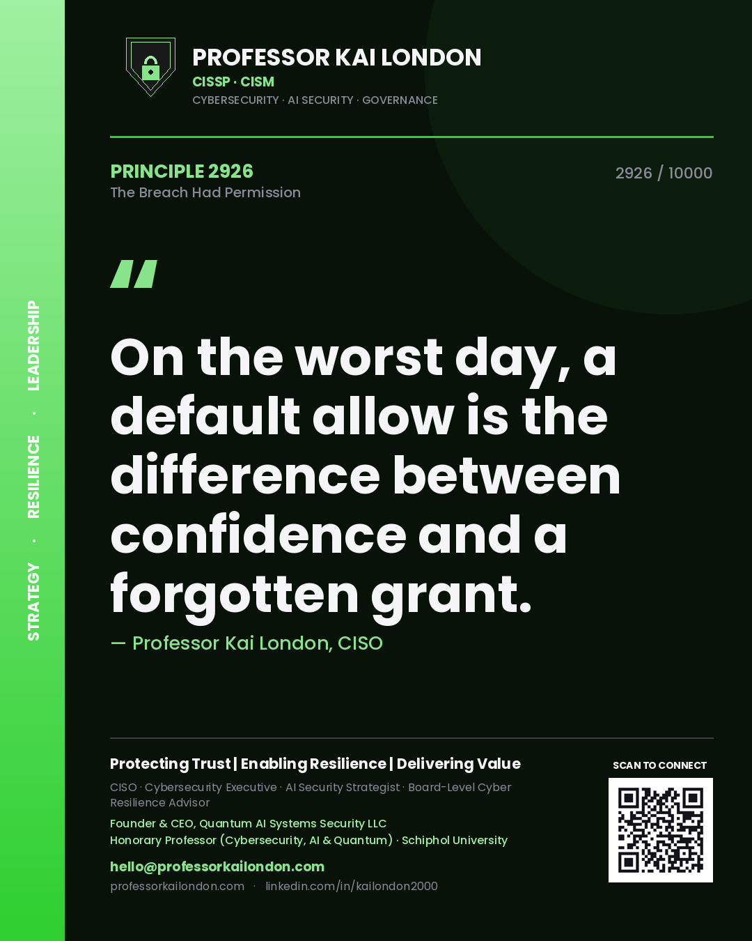 Quote card by Professor Kai London reading 'On the worst day, a default allow is the difference between confidence and a forgotten grant.'. From the book The Breach Had Permission.