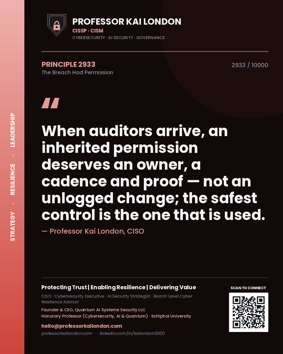 Quote card by Professor Kai London reading 'When auditors arrive, an inherited permission deserves an owner, a cadence and proof — not an unlogged change; the safest control is the one that is used.'. From the book The Breach Had Permission.