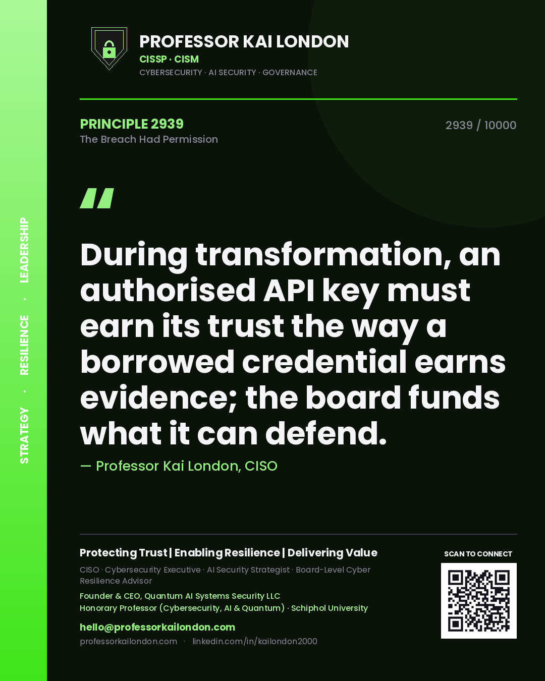 Professor Kai London principle 2939: During transformation, an authorised API key must earn its trust the way a borrowed credential earns evidence; the board funds what it can defend.