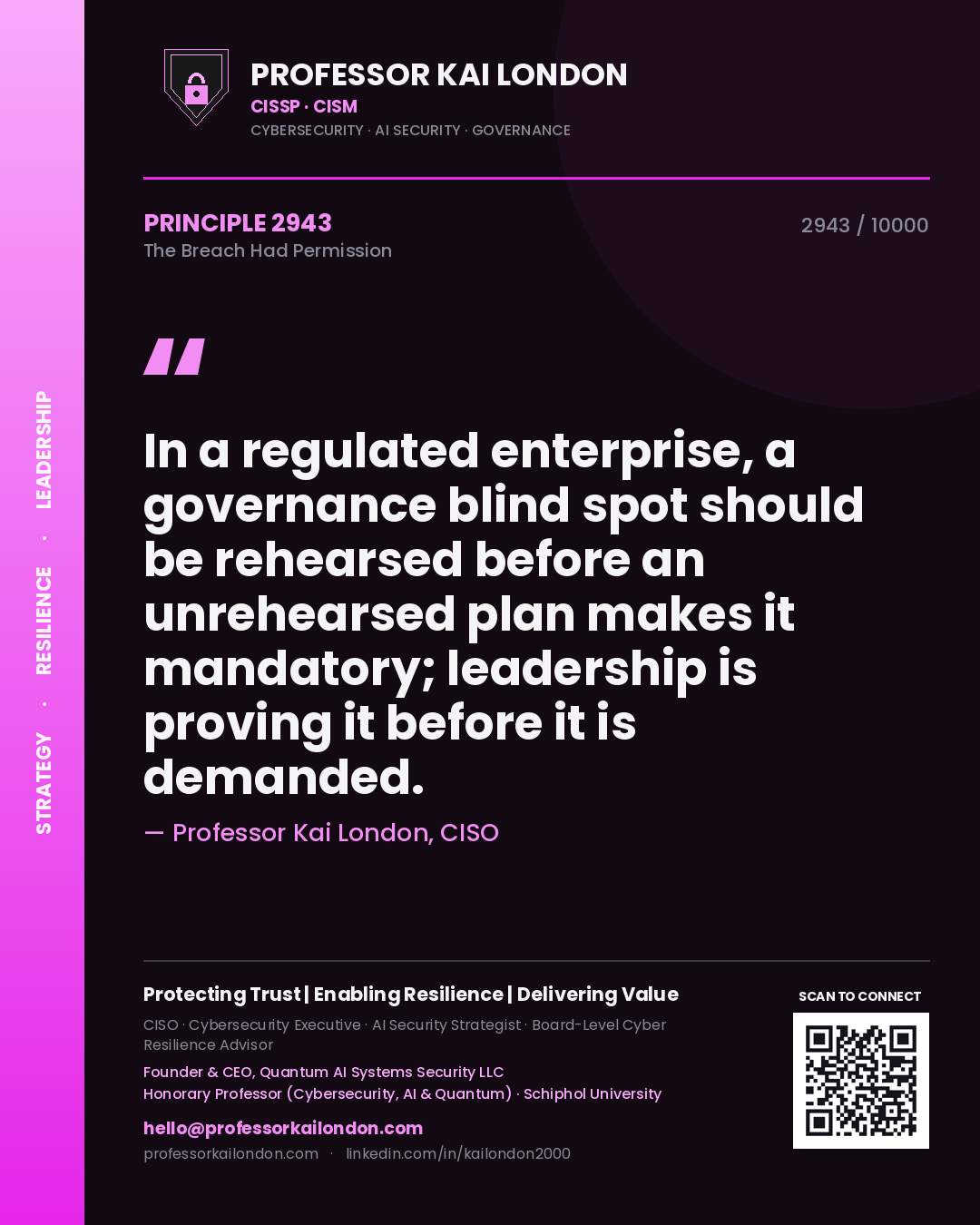 Quote card by Professor Kai London reading 'In a regulated enterprise, a governance blind spot should be rehearsed before an unrehearsed plan makes it mandatory; leadership is proving it before it is demanded.'. From the book The Breach Had Permission.