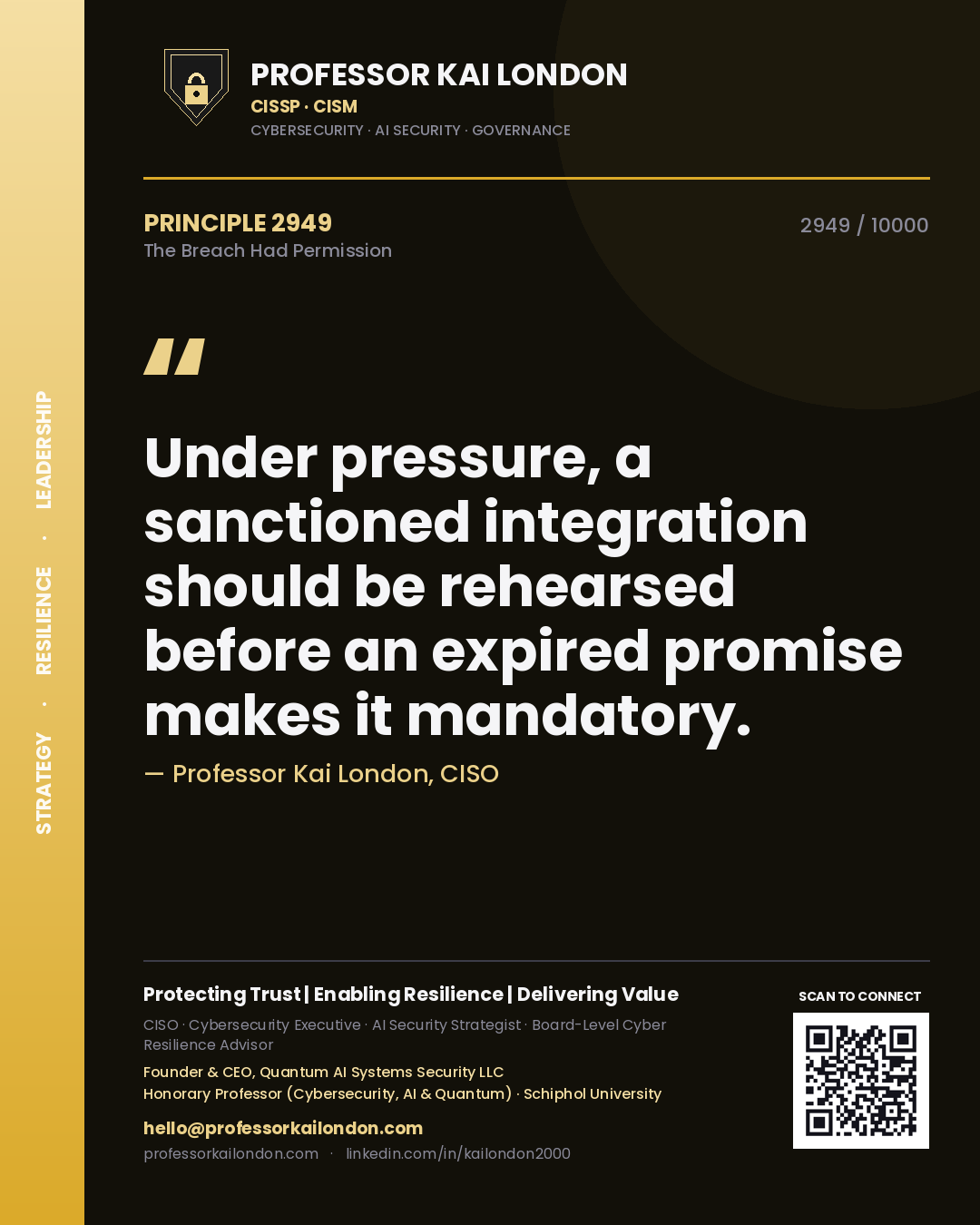 Quote card by Professor Kai London reading 'Under pressure, a sanctioned integration should be rehearsed before an expired promise makes it mandatory.'. From the book The Breach Had Permission.