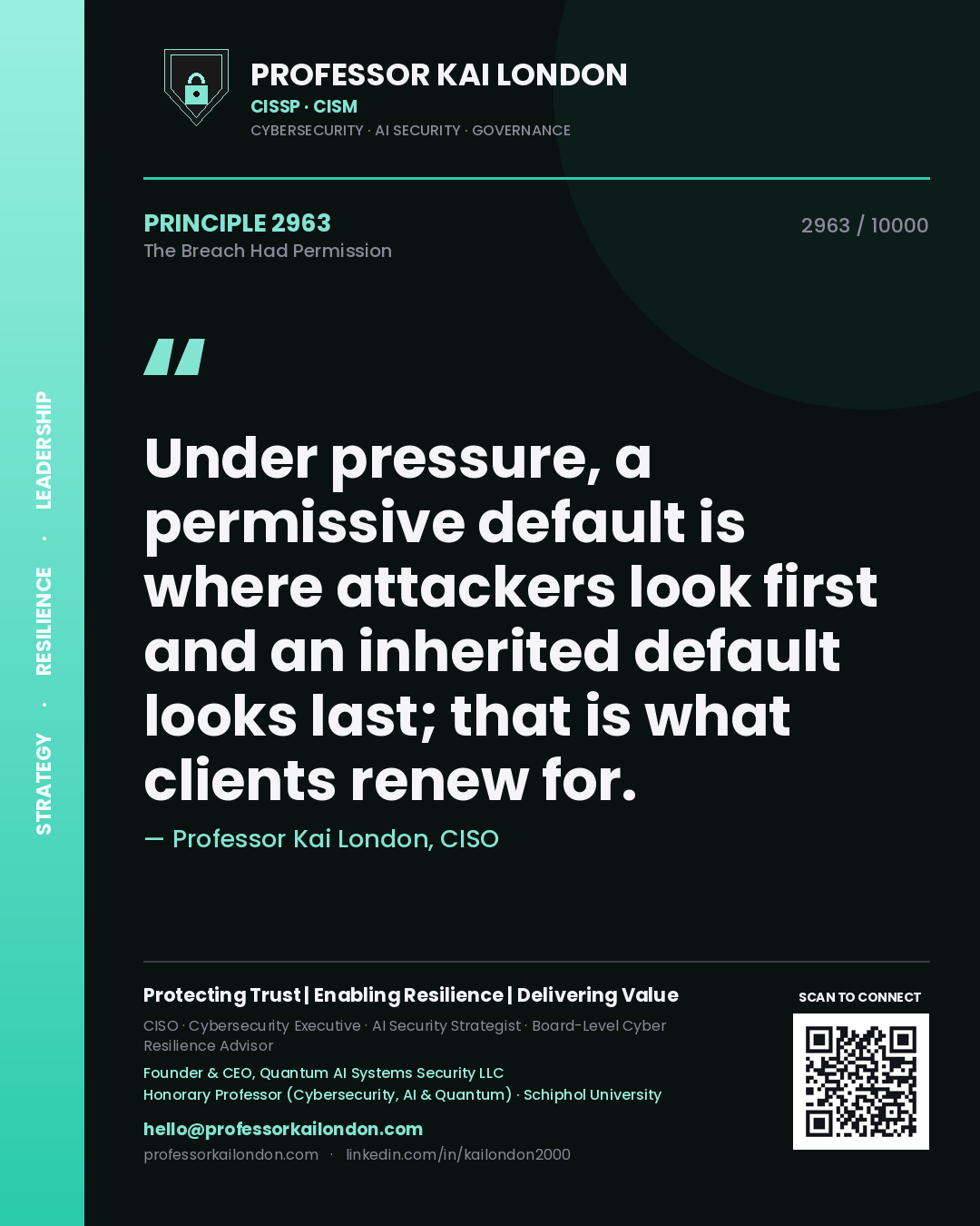 Quote card by Professor Kai London reading 'Under pressure, a permissive default is where attackers look first and an inherited default looks last; that is what clients renew for.'. From the book The Breach Had Permission.