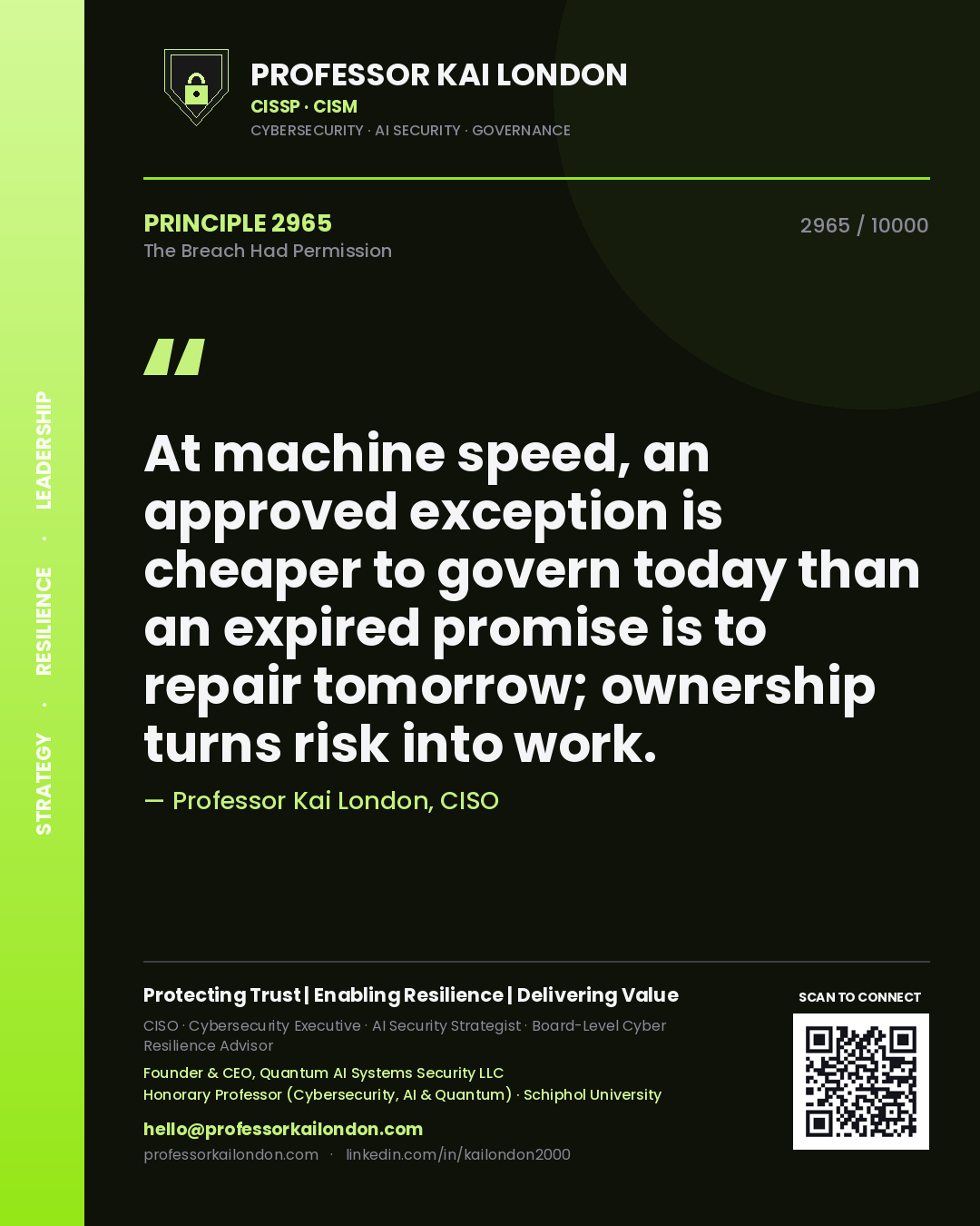 Professor Kai London principle 2965: At machine speed, an approved exception is cheaper to govern today than an expired promise is to repair tomorrow; ownership turns risk into work.