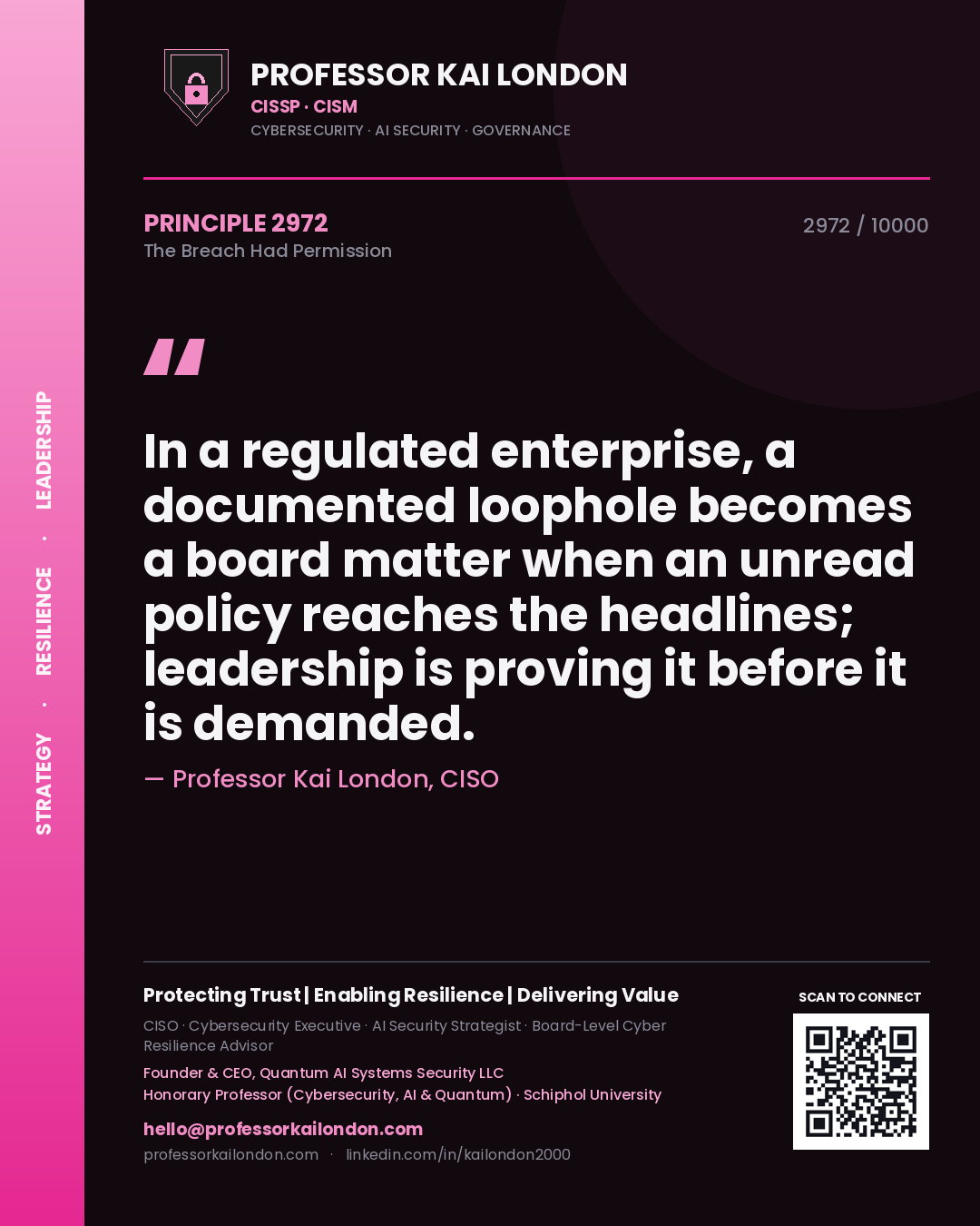 Quote card by Professor Kai London reading 'In a regulated enterprise, a documented loophole becomes a board matter when an unread policy reaches the headlines; leadership is proving it before it is demanded.'. From the book The Breach Had Permission.