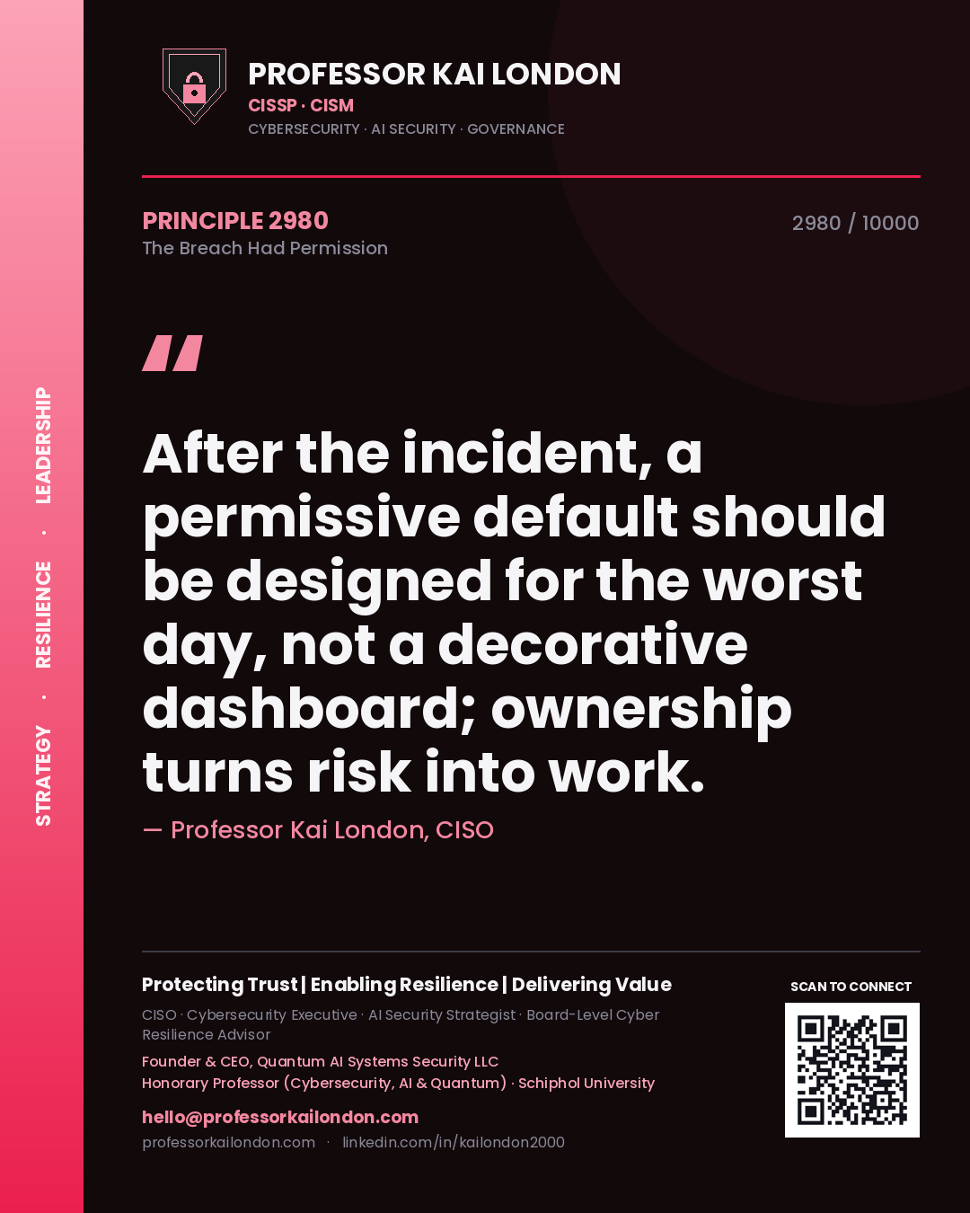 Professor Kai London principle 2980: After the incident, a permissive default should be designed for the worst day, not a decorative dashboard; ownership turns risk into work.