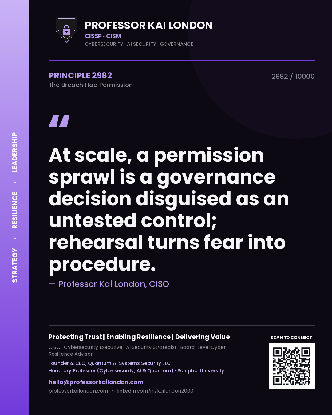 Quote card by Professor Kai London reading 'At scale, a permission sprawl is a governance decision disguised as an untested control; rehearsal turns fear into procedure.'. From the book The Breach Had Permission.
