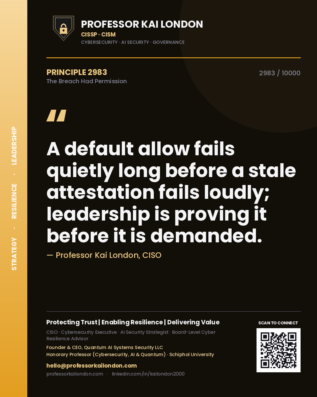Quote card by Professor Kai London reading 'A default allow fails quietly long before a stale attestation fails loudly; leadership is proving it before it is demanded.'. From the book The Breach Had Permission.