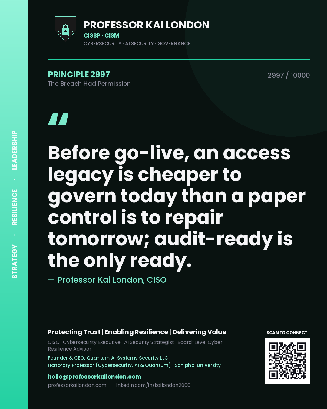 Quote card by Professor Kai London reading 'Before go-live, an access legacy is cheaper to govern today than a paper control is to repair tomorrow; audit-ready is the only ready.'. From the book The Breach Had Permission.