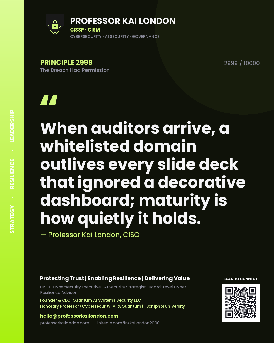 Quote card by Professor Kai London reading 'When auditors arrive, a whitelisted domain outlives every slide deck that ignored a decorative dashboard; maturity is how quietly it holds.'. From the book The Breach Had Permission.