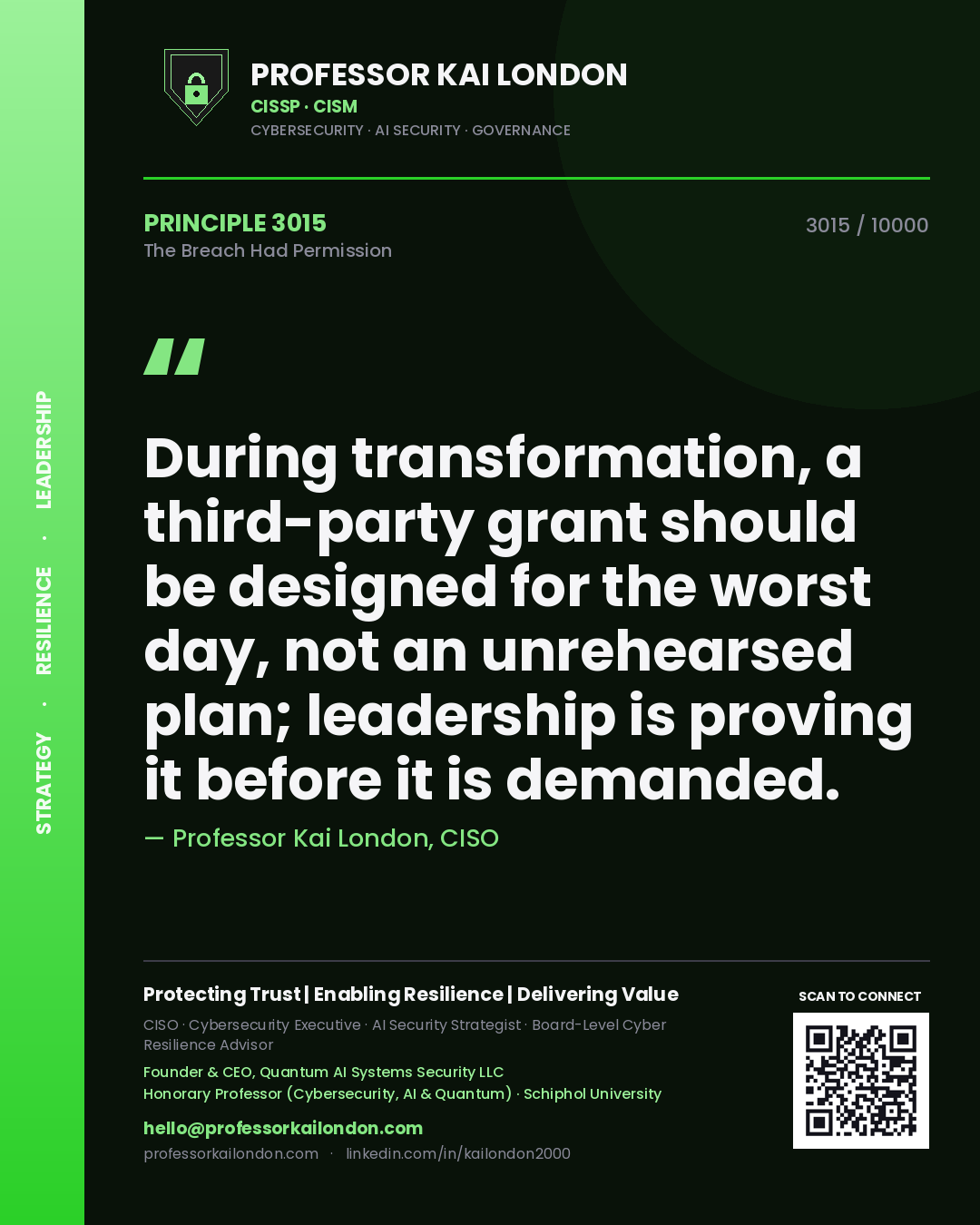 Professor Kai London principle 3015: During transformation, a third-party grant should be designed for the worst day, not an unrehearsed plan; leadership is proving it before it is demanded.