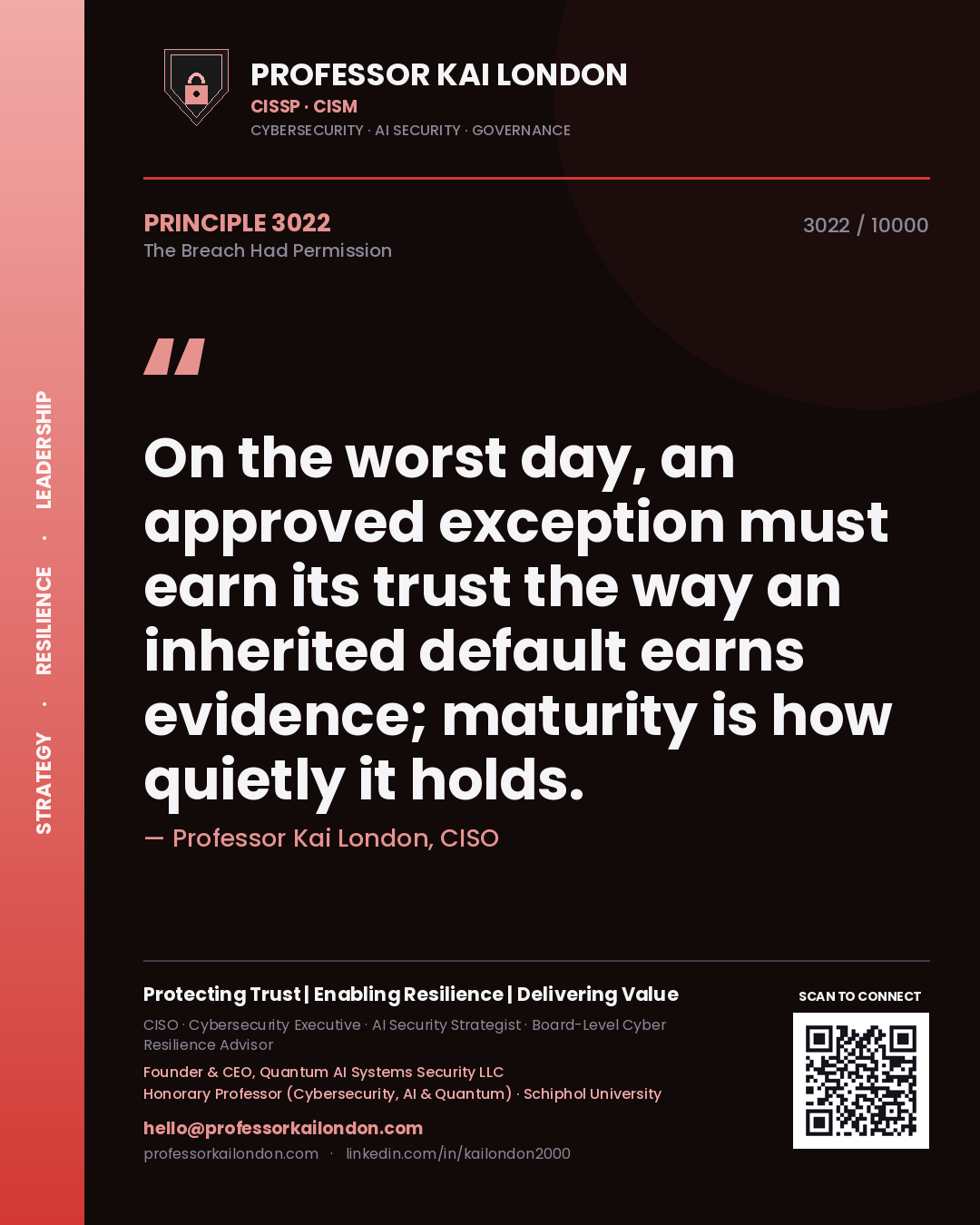 Professor Kai London principle 3022: On the worst day, an approved exception must earn its trust the way an inherited default earns evidence; maturity is how quietly it holds.