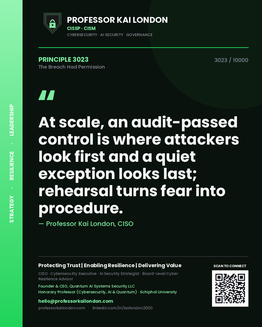 Quote card by Professor Kai London reading 'At scale, an audit-passed control is where attackers look first and a quiet exception looks last; rehearsal turns fear into procedure.'. From the book The Breach Had Permission.