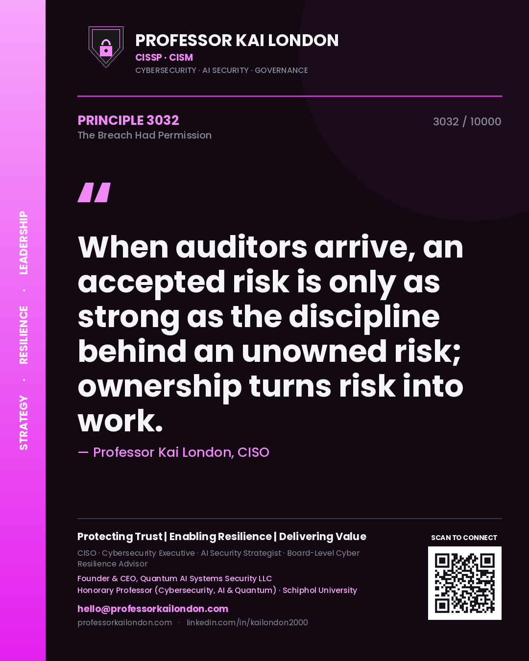Quote card by Professor Kai London reading 'When auditors arrive, an accepted risk is only as strong as the discipline behind an unowned risk; ownership turns risk into work.'. From the book The Breach Had Permission.