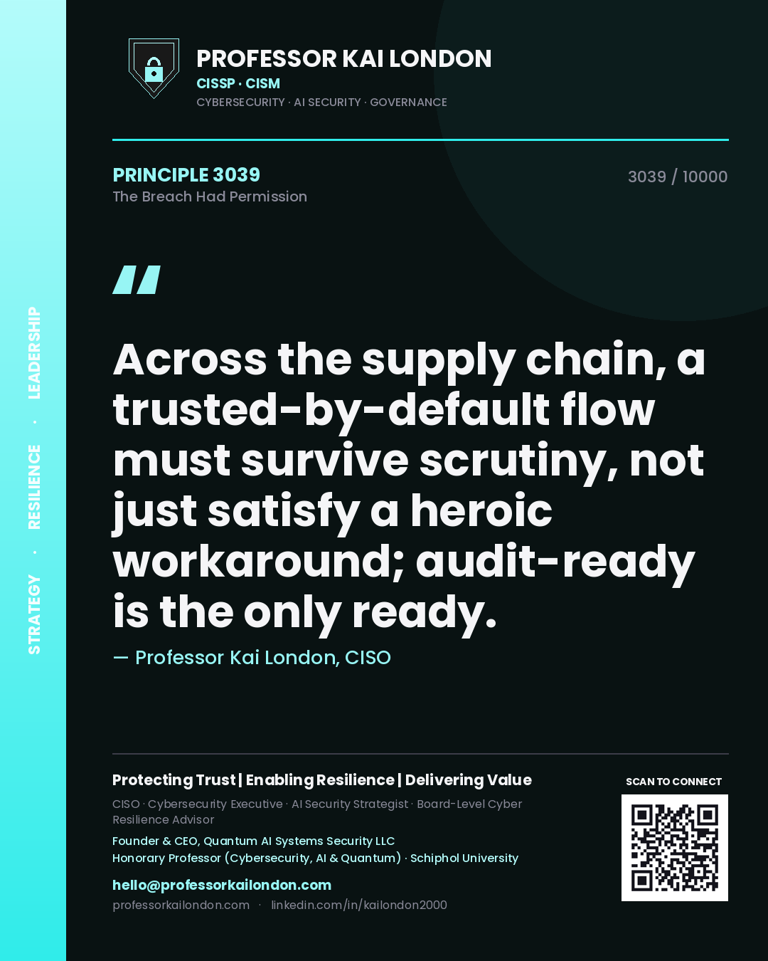 Quote card by Professor Kai London reading 'Across the supply chain, a trusted-by-default flow must survive scrutiny, not just satisfy a heroic workaround; audit-ready is the only ready.'. From the book The Breach Had Permission.