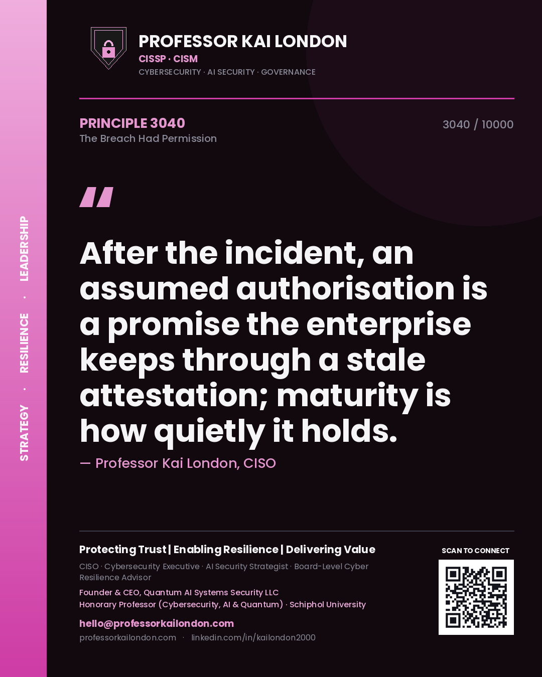 Quote card by Professor Kai London reading 'After the incident, an assumed authorisation is a promise the enterprise keeps through a stale attestation; maturity is how quietly it holds.'. From the book The Breach Had Permission.