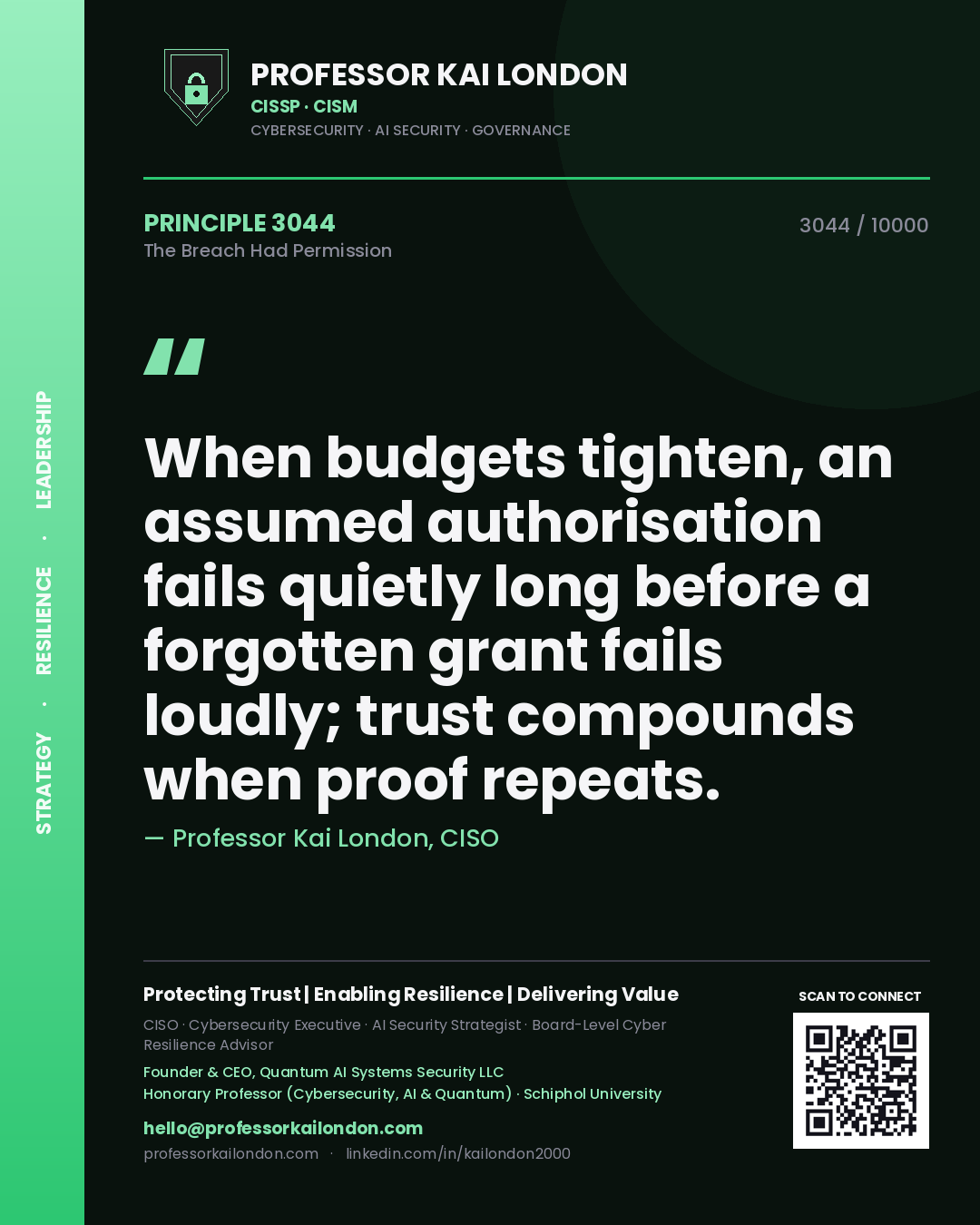 Quote card by Professor Kai London reading 'When budgets tighten, an assumed authorisation fails quietly long before a forgotten grant fails loudly; trust compounds when proof repeats.'. From the book The Breach Had Permission.