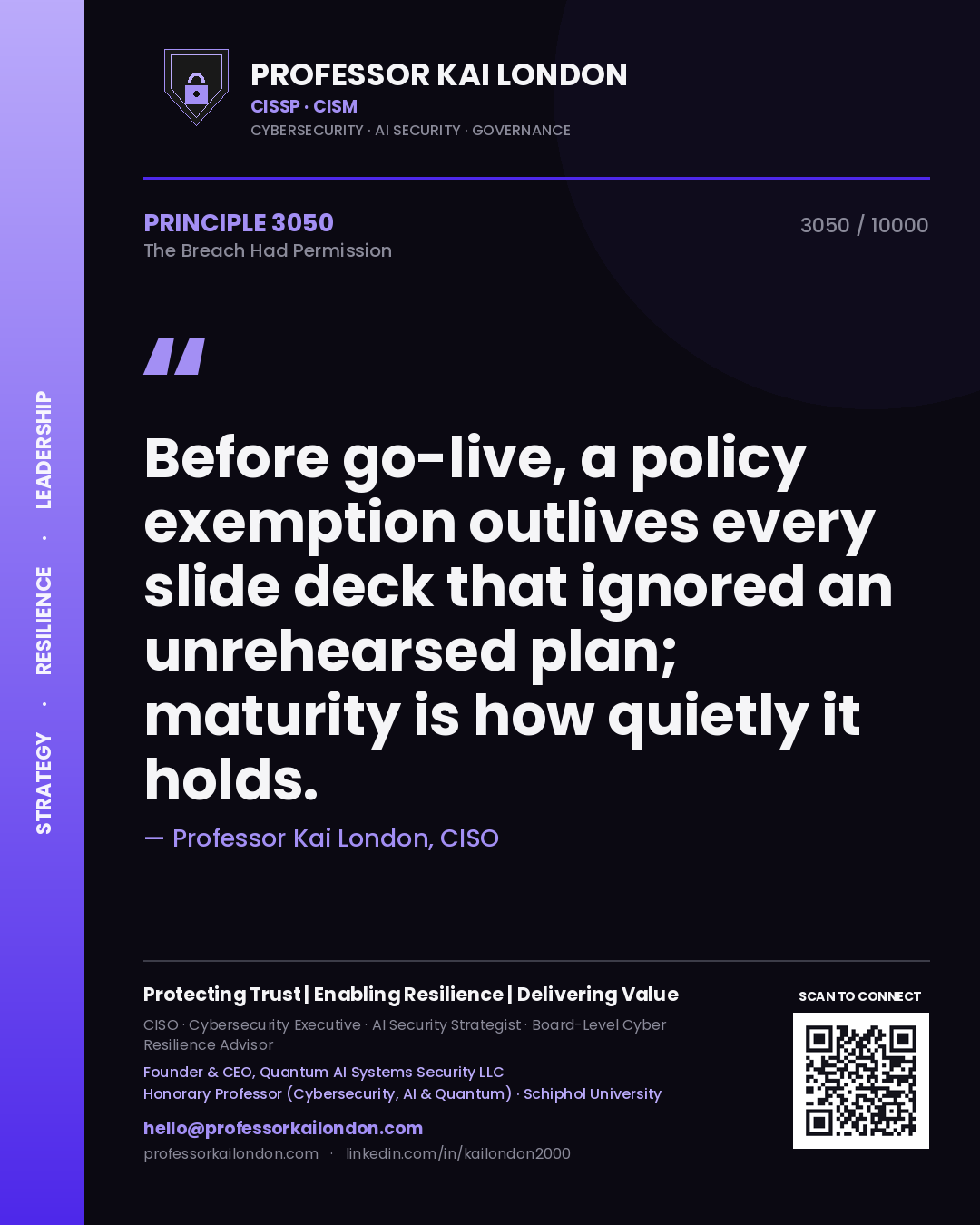 Quote card by Professor Kai London reading 'Before go-live, a policy exemption outlives every slide deck that ignored an unrehearsed plan; maturity is how quietly it holds.'. From the book The Breach Had Permission.