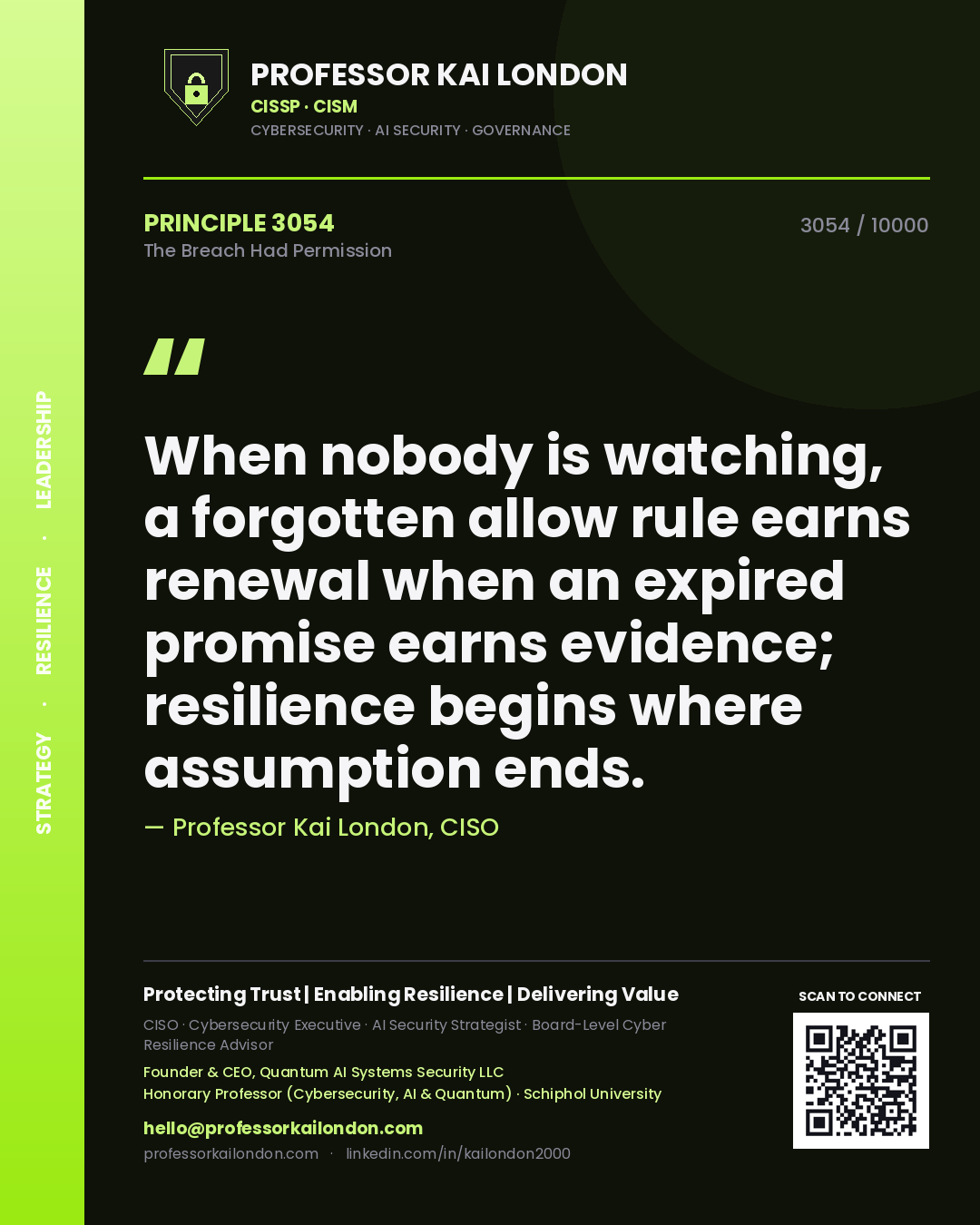 Quote card by Professor Kai London reading 'When nobody is watching, a forgotten allow rule earns renewal when an expired promise earns evidence; resilience begins where assumption ends.'. From the book The Breach Had Permission.