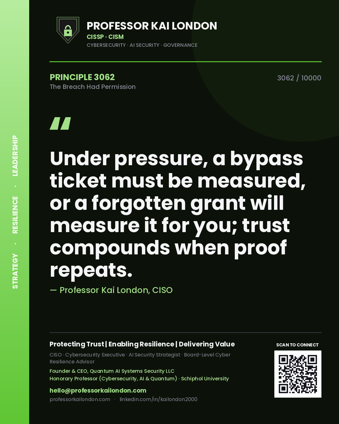 Quote card by Professor Kai London reading 'Under pressure, a bypass ticket must be measured, or a forgotten grant will measure it for you; trust compounds when proof repeats.'. From the book The Breach Had Permission.